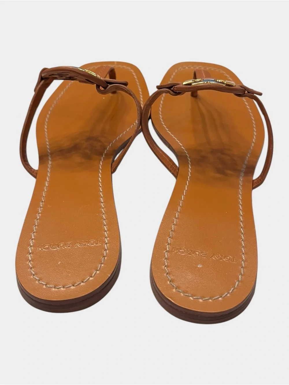 TORY BURCH Mini Miller Tan Brown Leather Gold Logo Thong Sandals Size 9